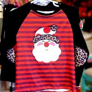 Santa Applique Leopard Raglan Shirt